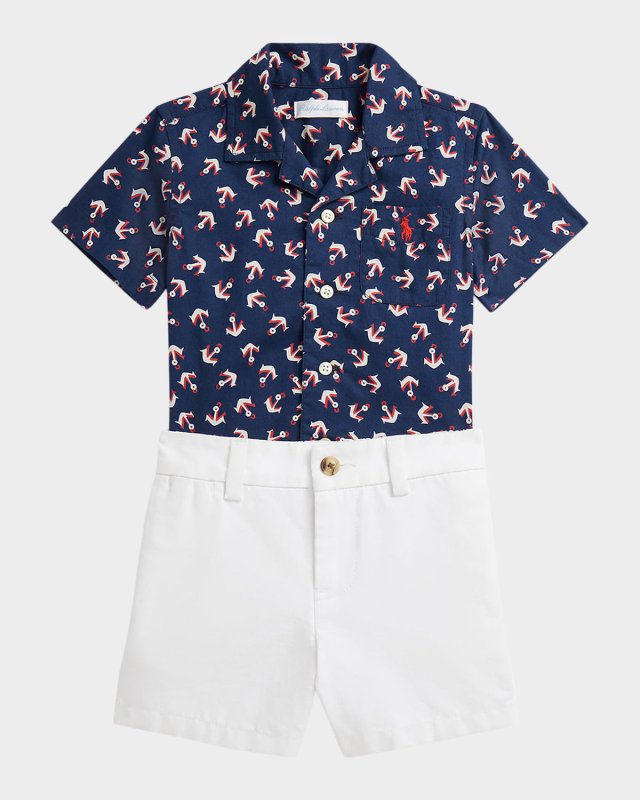 Boy's Anchor-Print Shirt W/ Canvas Shorts, Size 3M-